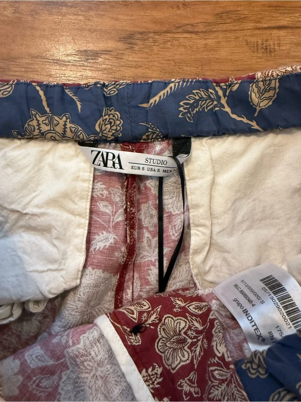 Zara NEW Womens High Waist Wide Leg Trousers Small Red Floral Linen Drawstring
